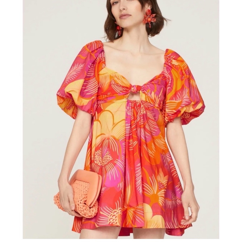 Farm Rio Ombré  Mini Dress Garden Puff Sleeve Orange Yellow Tie Back Bohemian L - Picture 9 of 14